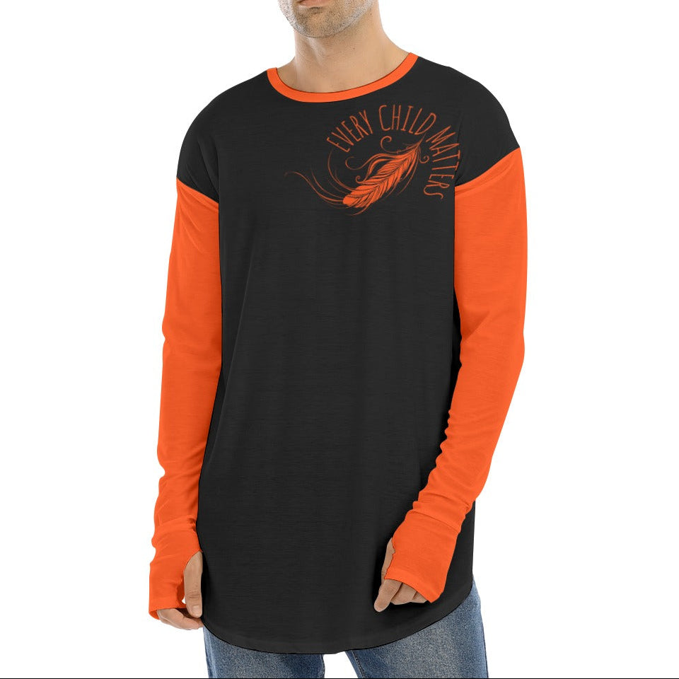 Man wearing a black and orange long-sleeve shirt with a logo on a white background