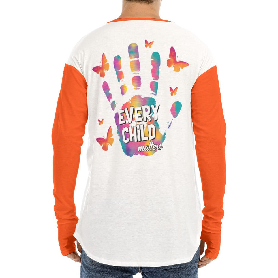 Person wearing a long-sleeve shirt with a colorful handprint and butterfly design on the back, featuring the text 'Every Child Matters'.