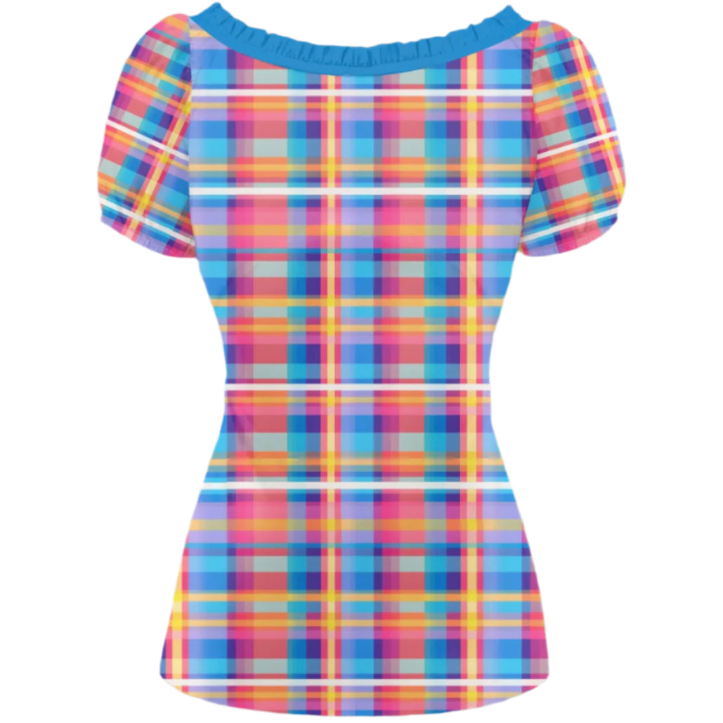 Colorful plaid top with blue ruffled neckline on a white background