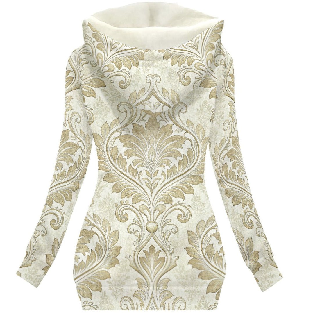 Back of a Creamy Damask Print on a Fleece-lined Hoodie Jacket