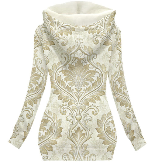 Back of a Creamy Damask Print on a Fleece-lined Hoodie Jacket