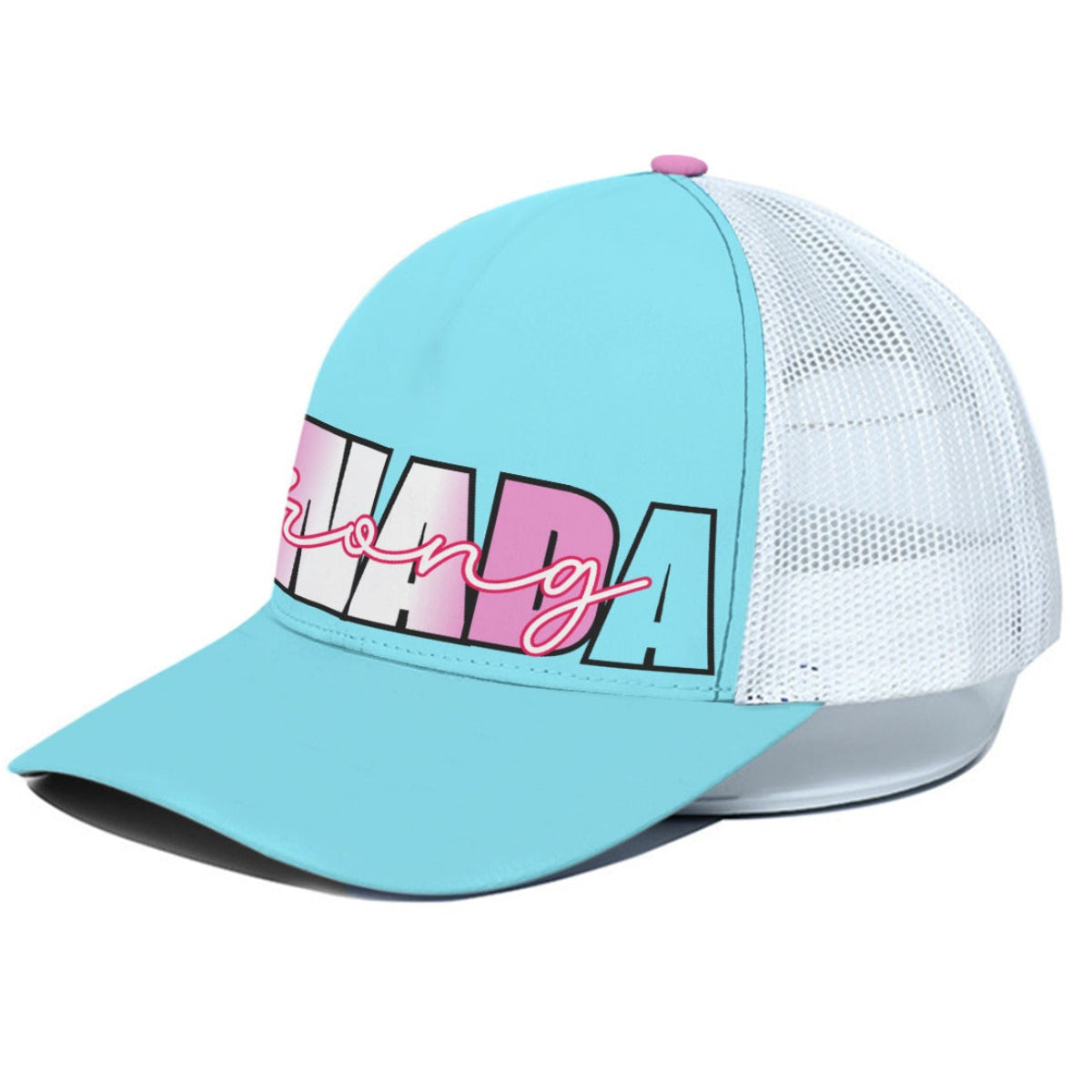 Light blue cap with white mesh back and colorful text on a white background