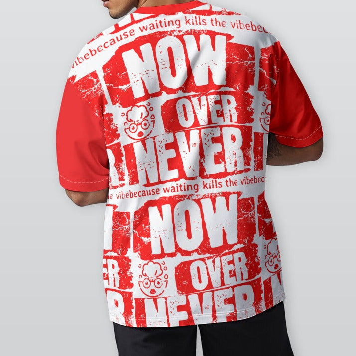 Person wearing a red and white graphic t-shirt with text on a plain background