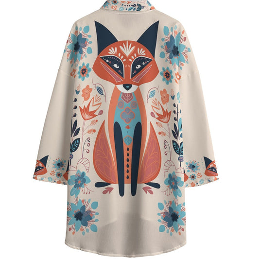 Beige top with a fox and floral design on a white background