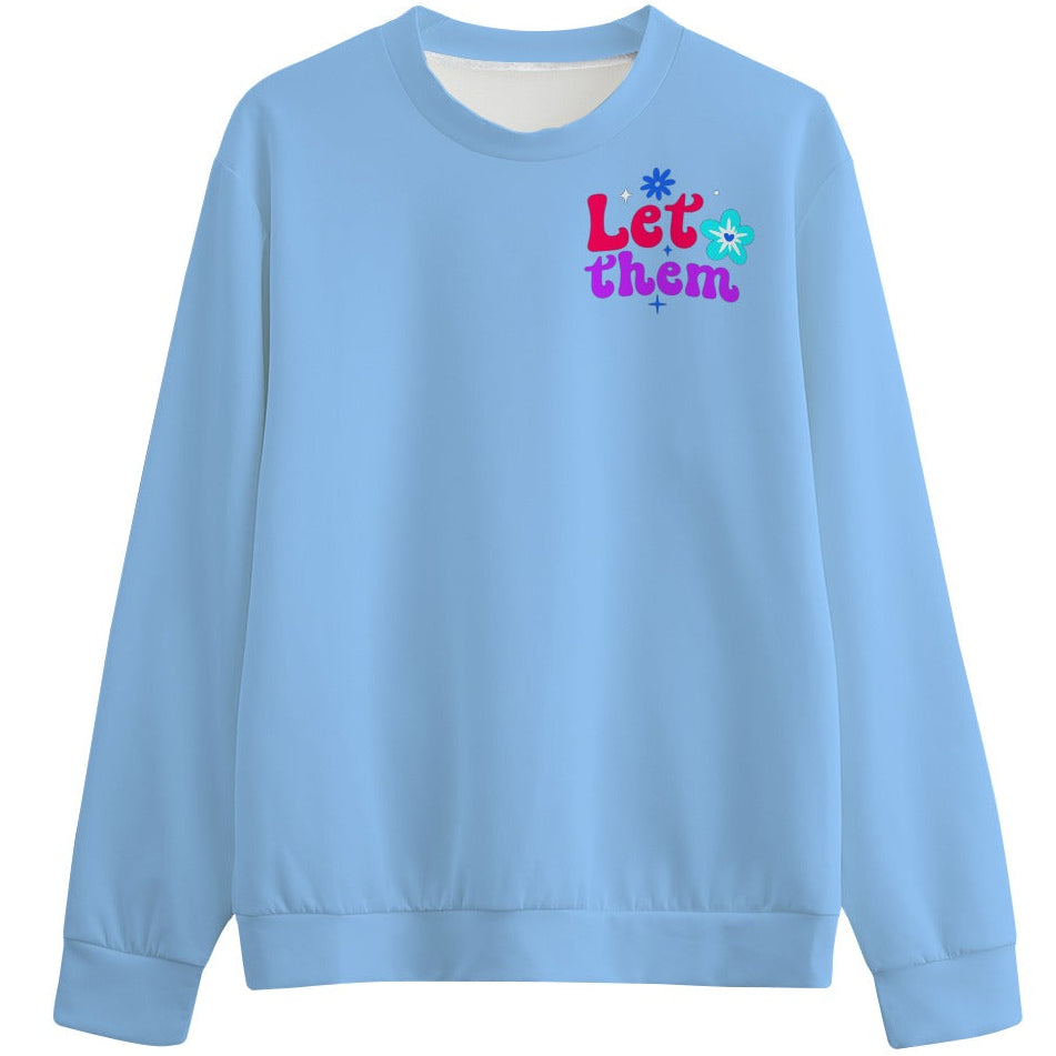 Light blue sweatshirt with colorful text and graphics on a white background