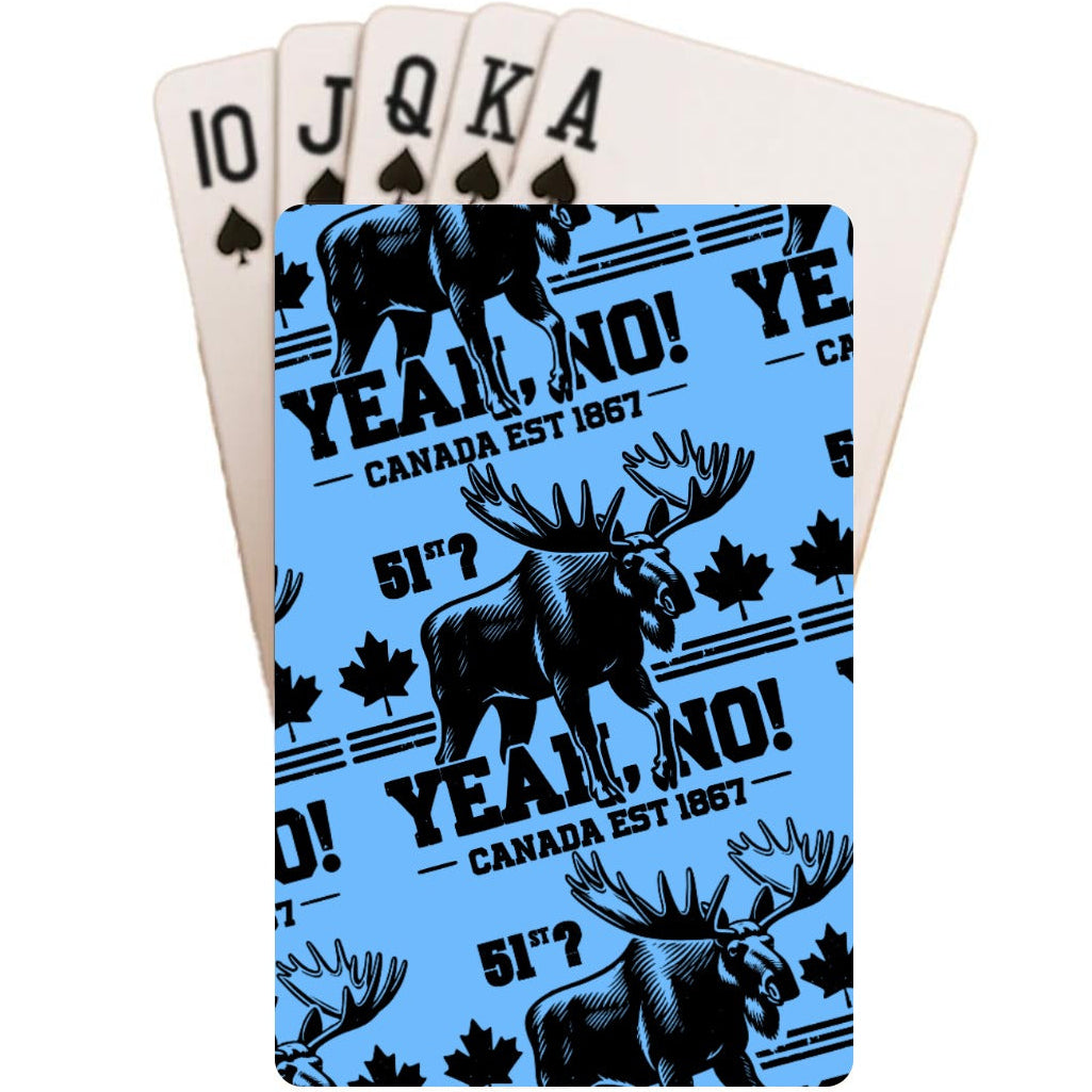 Playing cards with moose and text design on a blue background