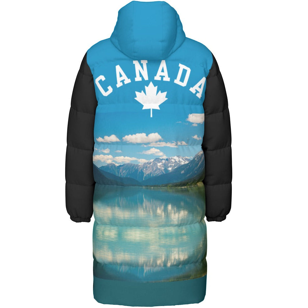 A hooded puffer jacket shown from the back on a white background. The upper portion is bright blue with the word CANADA in white arched letters and a white maple leaf and a picture of Moose Lake at the bottom.  Sleeves are black.