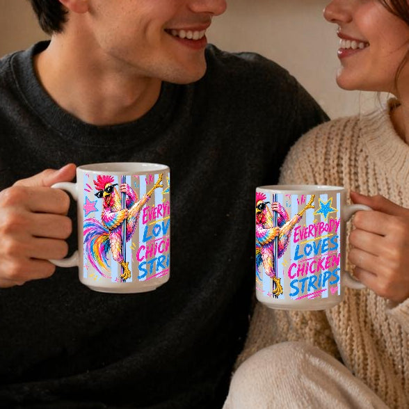 A smiling young man and young woman sit close together indoors, each holding a white ceramic mug with a colourful graphic. The scene includes a real home-like environment with warm lighting, furniture, and cookies on a table.
