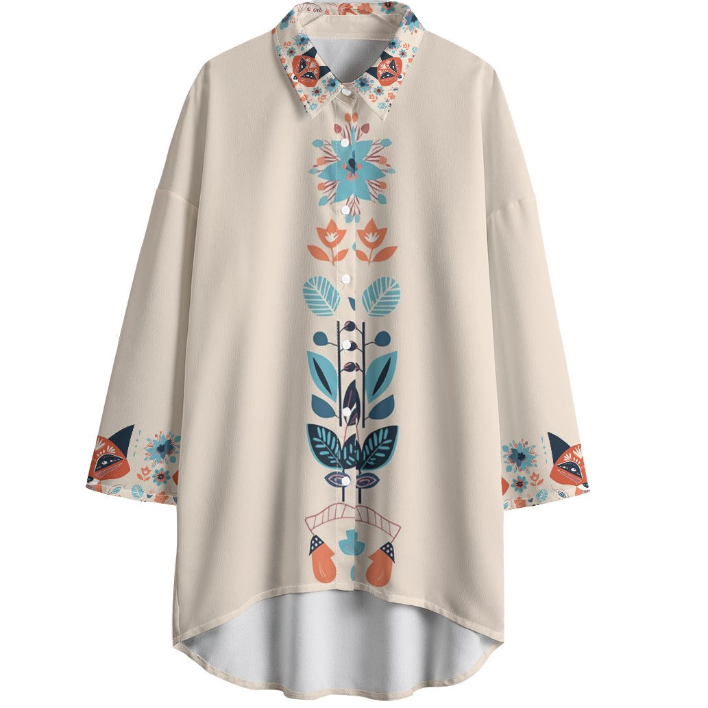 Beige blouse with floral patterns on a white background