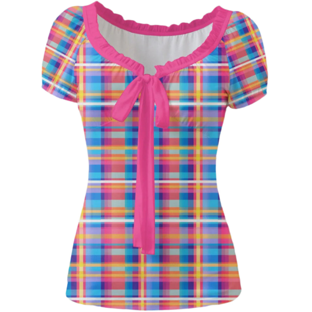 Colorful plaid top with pink accents on a white background