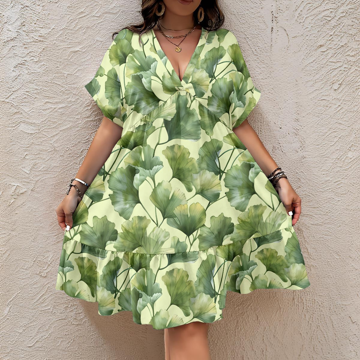 Ginkgo Leaves | Women’s A-Line V-Neck Short Sleeve Dress