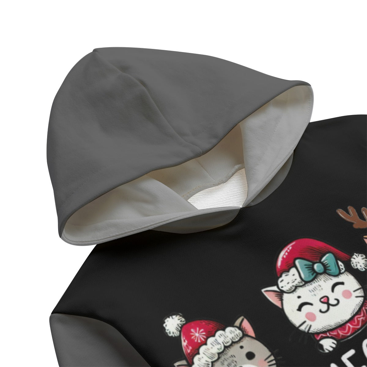 Black hoodie with cartoon cat design and gray hood on a white background