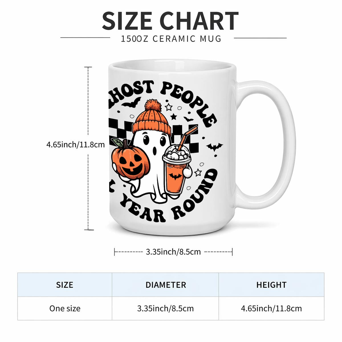 Size chart for a 1500Z ceramic mug showing a white mug with a Halloween graphic and dimensions, plus a size table at the bottom.