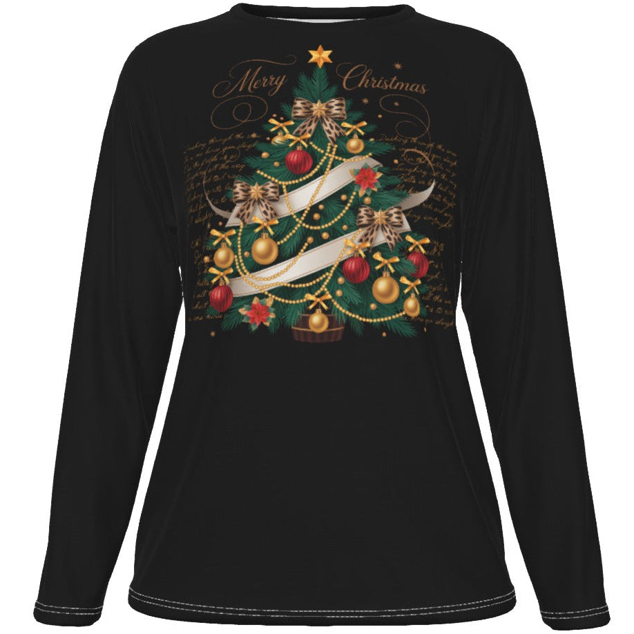Black long-sleeve shirt with Christmas tree design on a white background