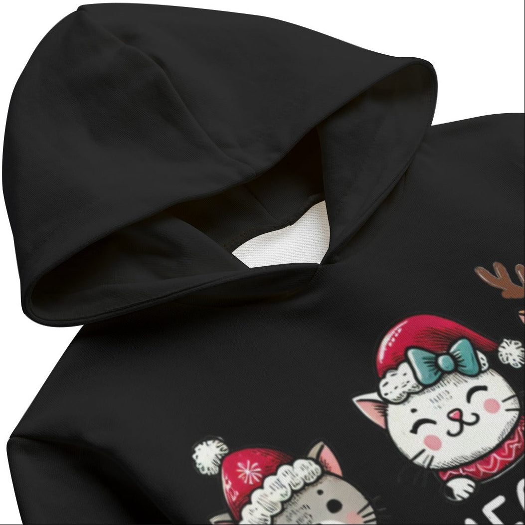 Black hoodie with Christmas-themed cat designs on a white background
