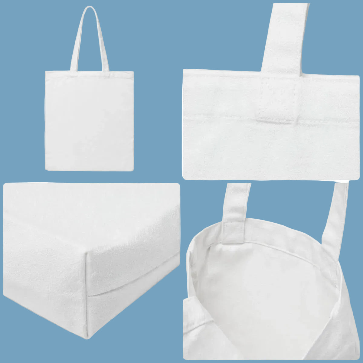 White tote bag with handle and corner details on a light blue background