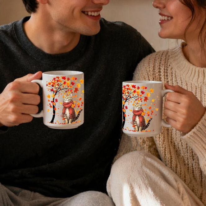 Two people sitting together holding mugs with a cozy indoor setting.
