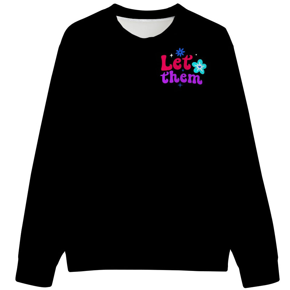 Black sweatshirt with colorful text and graphics on a white background