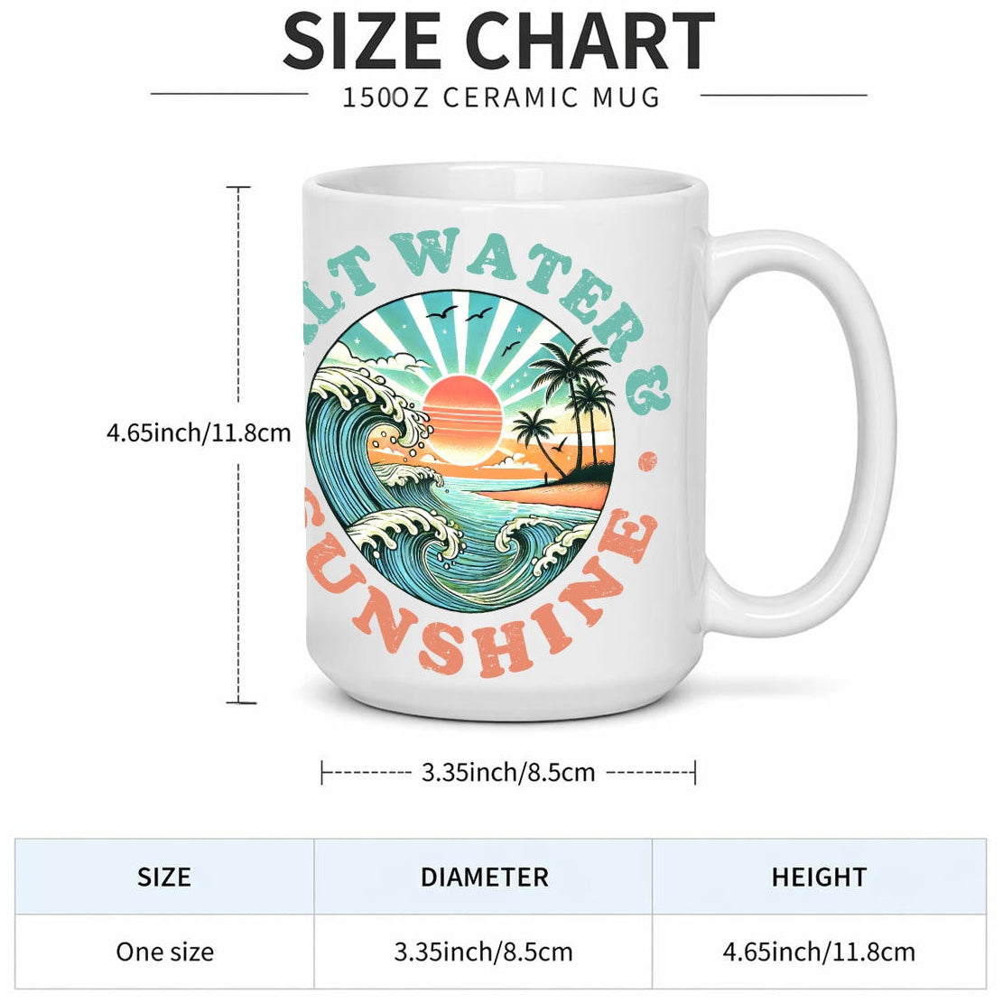 A white ceramic mug with a colorful retro wave and sunset graphic reading 'Salt Water & Sunshine,' shown on a light gray background with size measurement lines and a size chart table below.