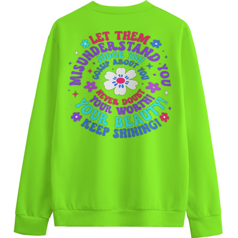 Neon green sweatshirt with colorful text and flower design on a white background