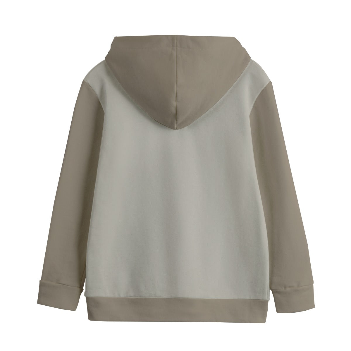 Back view of a beige and white hoodie on a white background