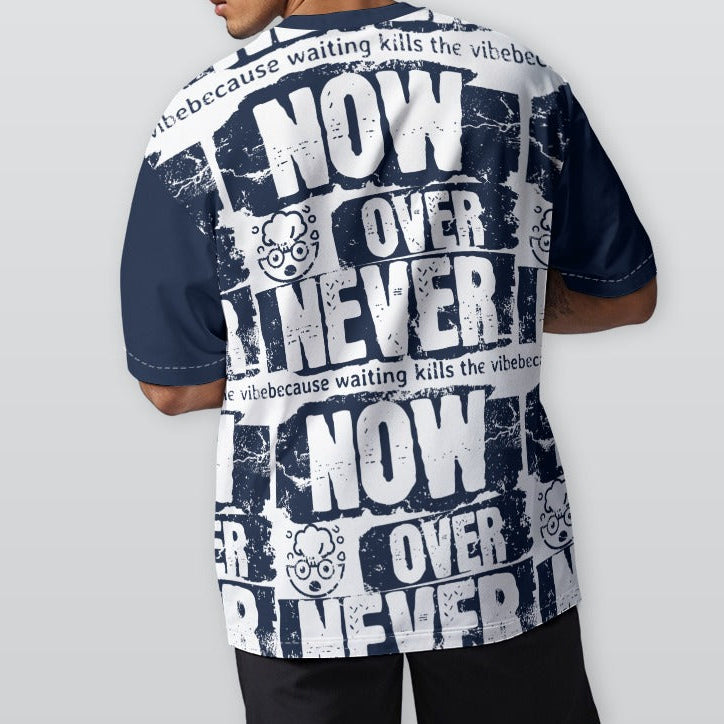 Person wearing a black cap and a shirt with text design on a plain background