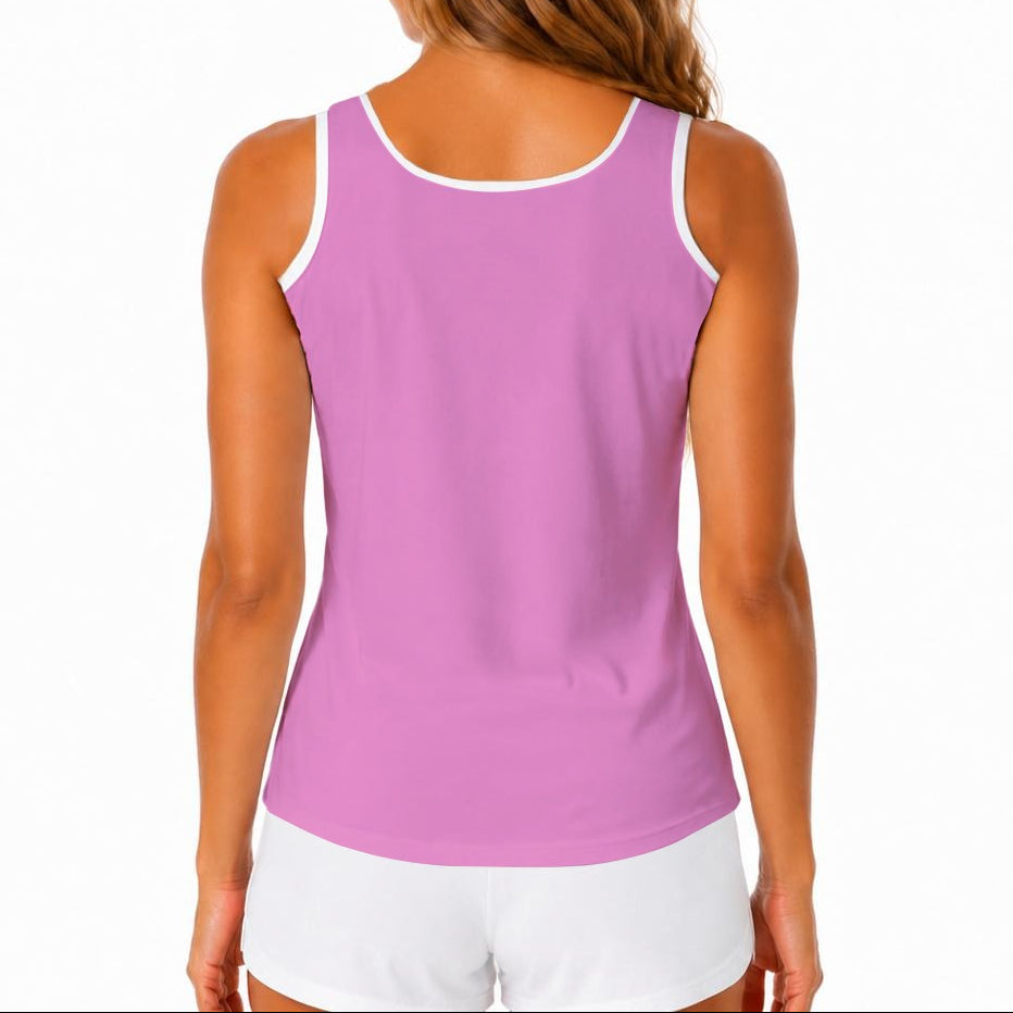 A woman viewed from the back wearing a sleeveless athletic tank top in pink with white trim and white shorts, against a plain white background.