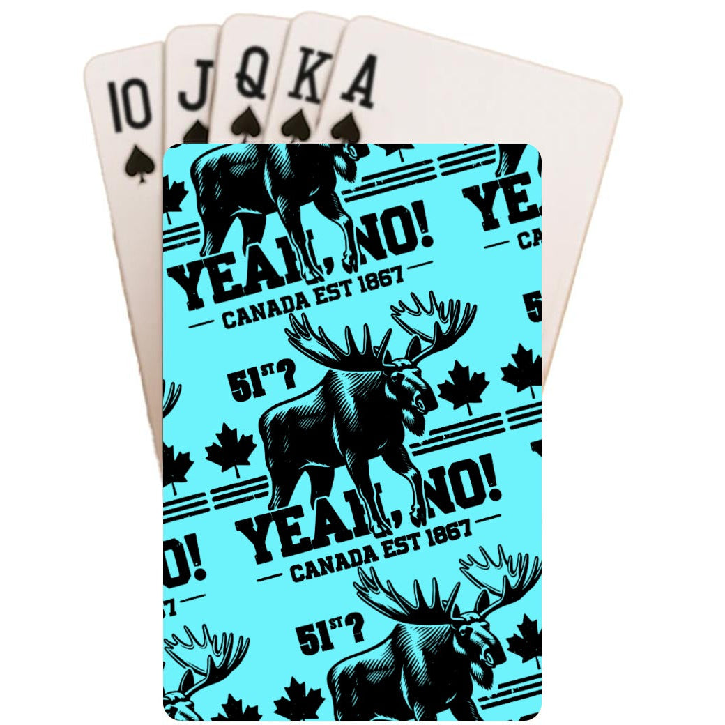 Playing cards with moose design and text on a blue background