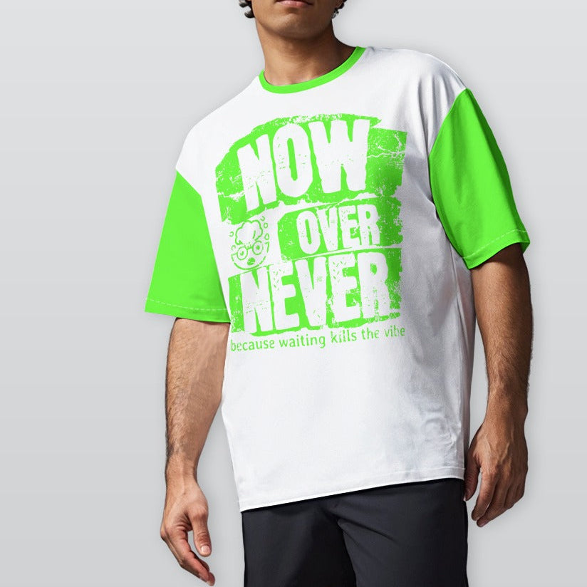 Person wearing a white and neon green t-shirt with text on a plain background