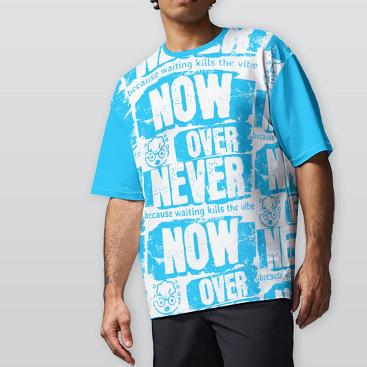 Person wearing a blue and white graphic t-shirt with text on a plain background