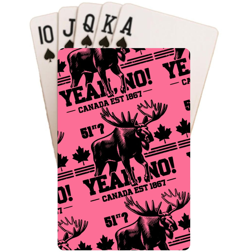 Playing cards with pink background and black moose design on a white background