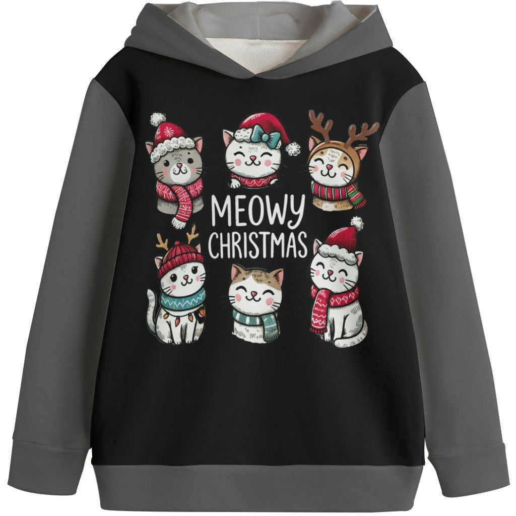 Black hoodie with Christmas-themed cat illustrations and 'Meowy Christmas' text on a white background.