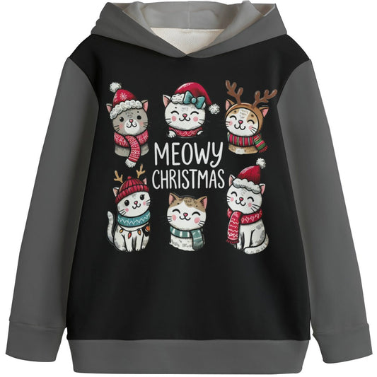 Black hoodie with Christmas-themed cat illustrations and 'Meowy Christmas' text on a white background.