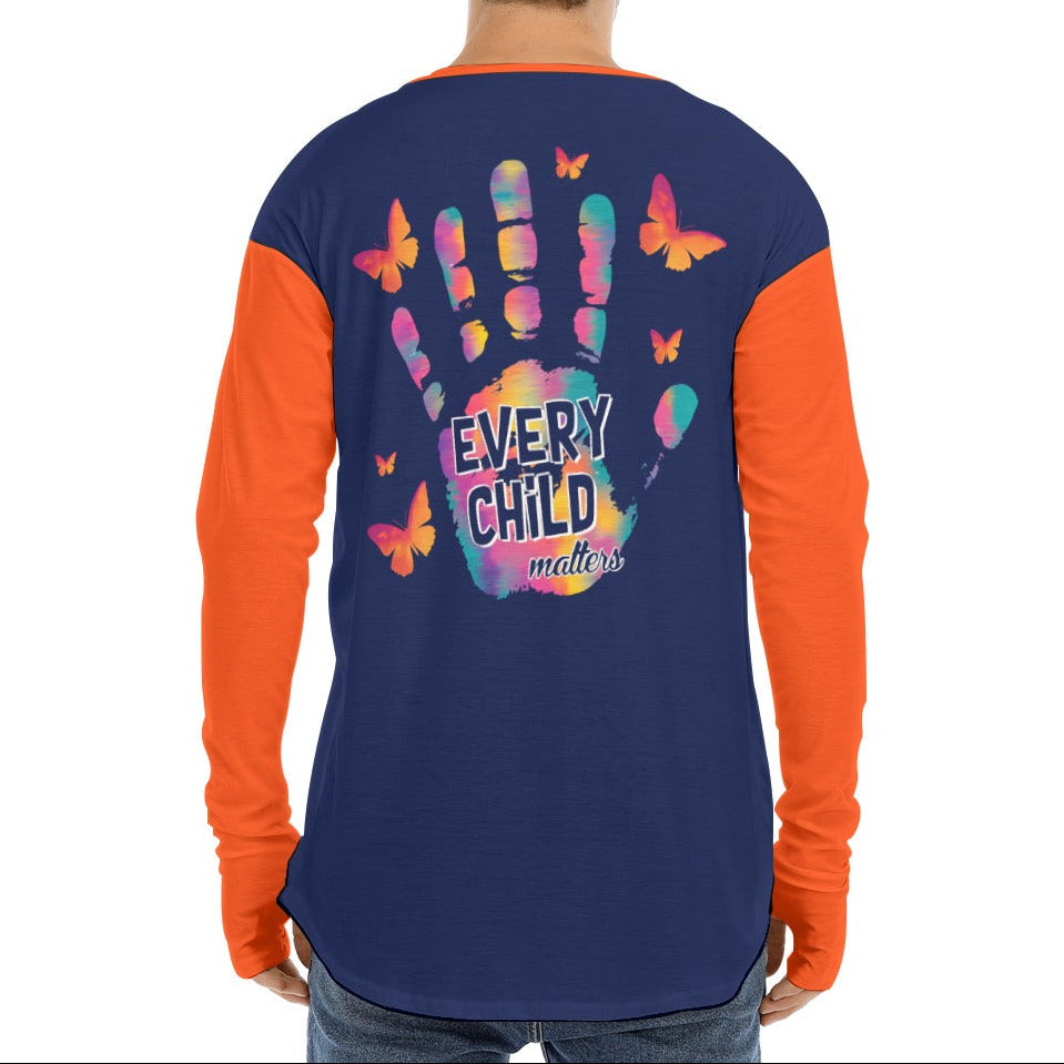 Person wearing a blue and orange long-sleeve shirt with a colorful handprint and butterfly design on the back.