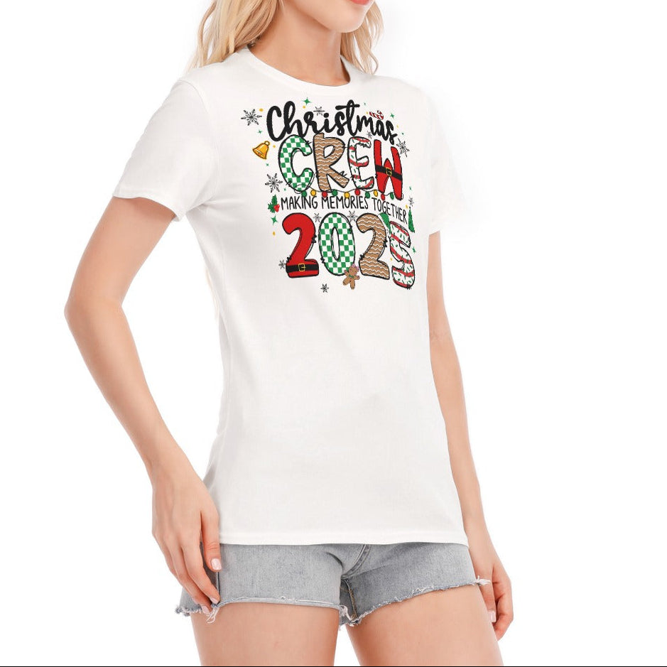 Woman wearing a white t-shirt with 'Christmas Crew 2021' text and graphics on a white background