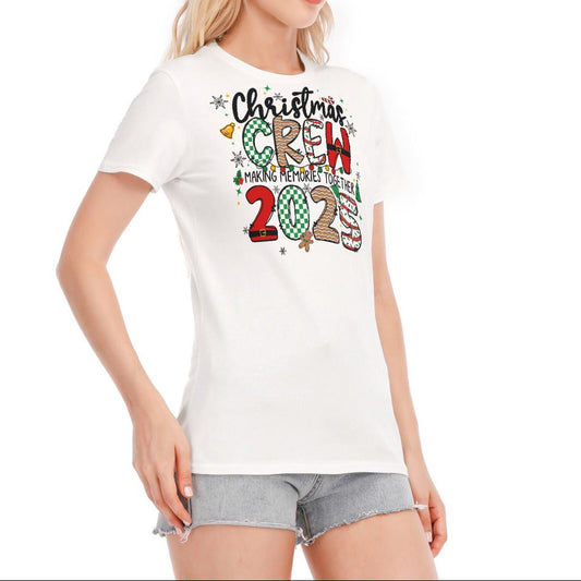 Woman wearing a white t-shirt with 'Christmas Crew 2021' text and graphics on a white background