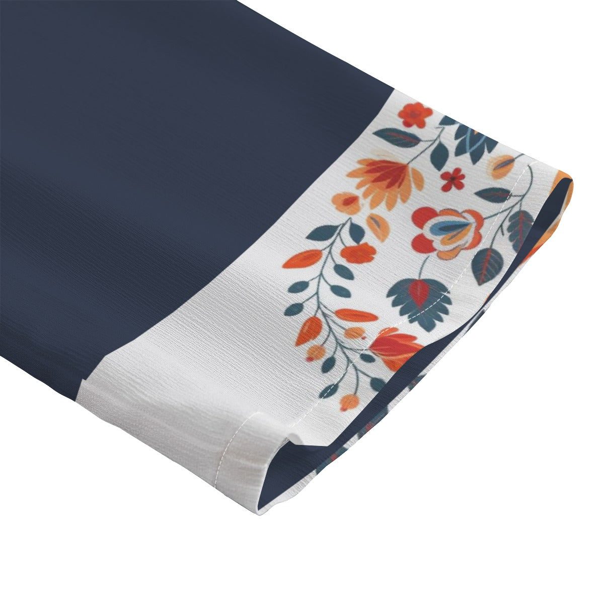 Navy blue fabric with floral patterned trim on a white background