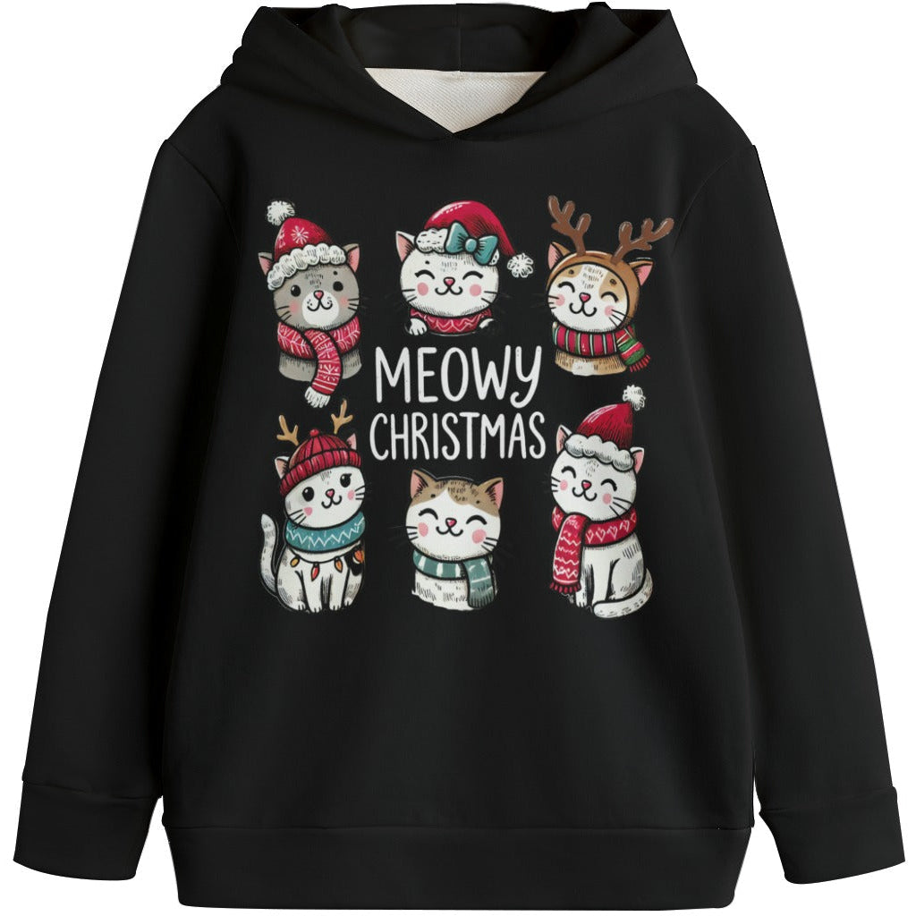 Black hoodie with Christmas-themed cat illustrations and 'Meowy Christmas' text on a white background.