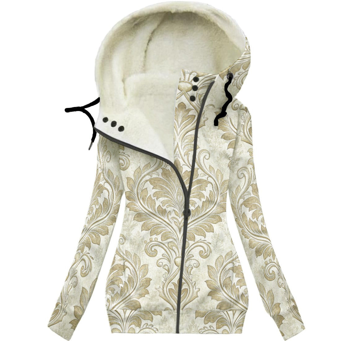 Creamy Damask Print on a Fleece-lined Hoodie Jacket