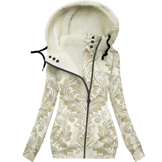 Creamy Damask Print on a Fleece-lined Hoodie Jacket