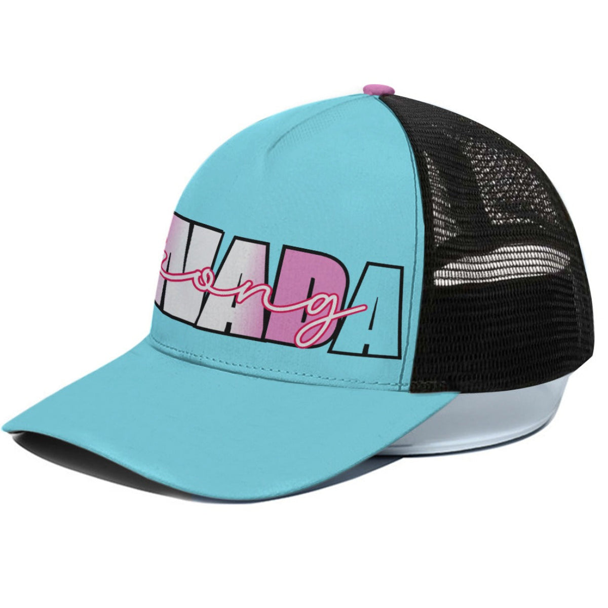 Light blue cap with black mesh back and colorful text on a white background