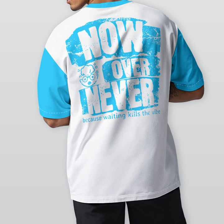 Person wearing a white and blue sports jersey with text on the back, standing against a plain background.