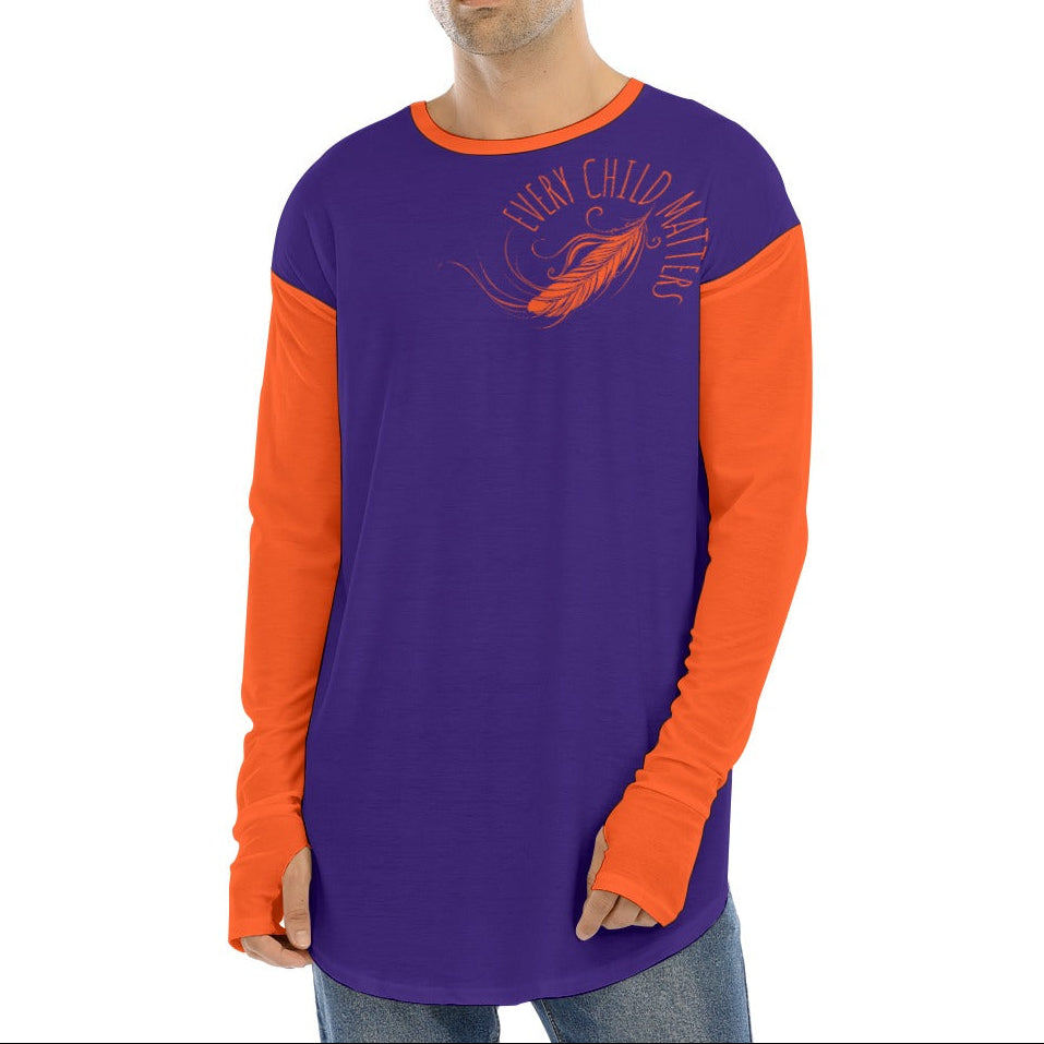 Man wearing a purple and orange long-sleeve shirt with a logo on a white background