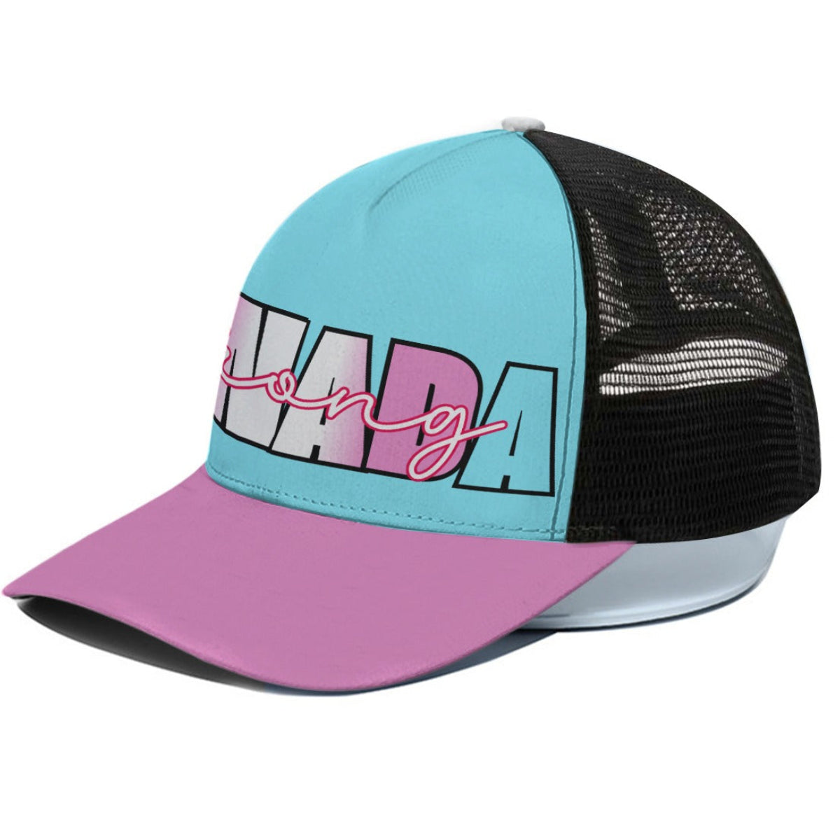 Colorful trucker hat with 'CANADA' branding on a white background