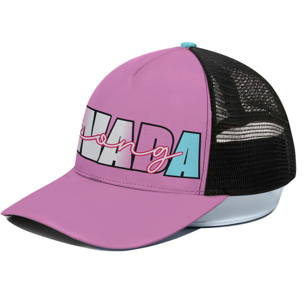 Pink and black cap with text on a white background