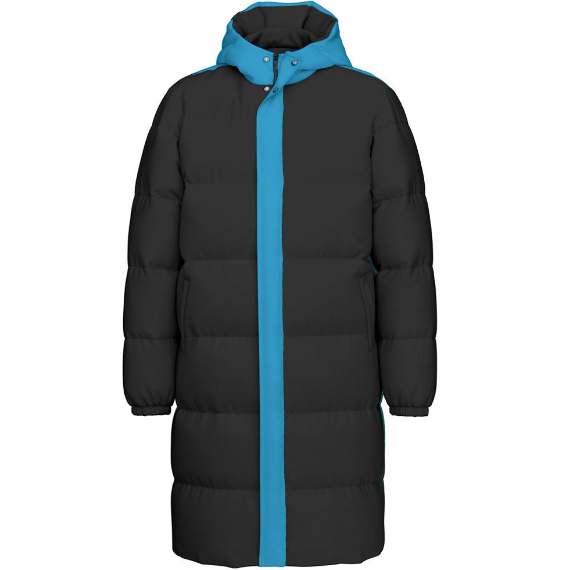 A long black puffer coat with a bright blue hood and a vertical blue stripe down the center front, shown on a plain white background.