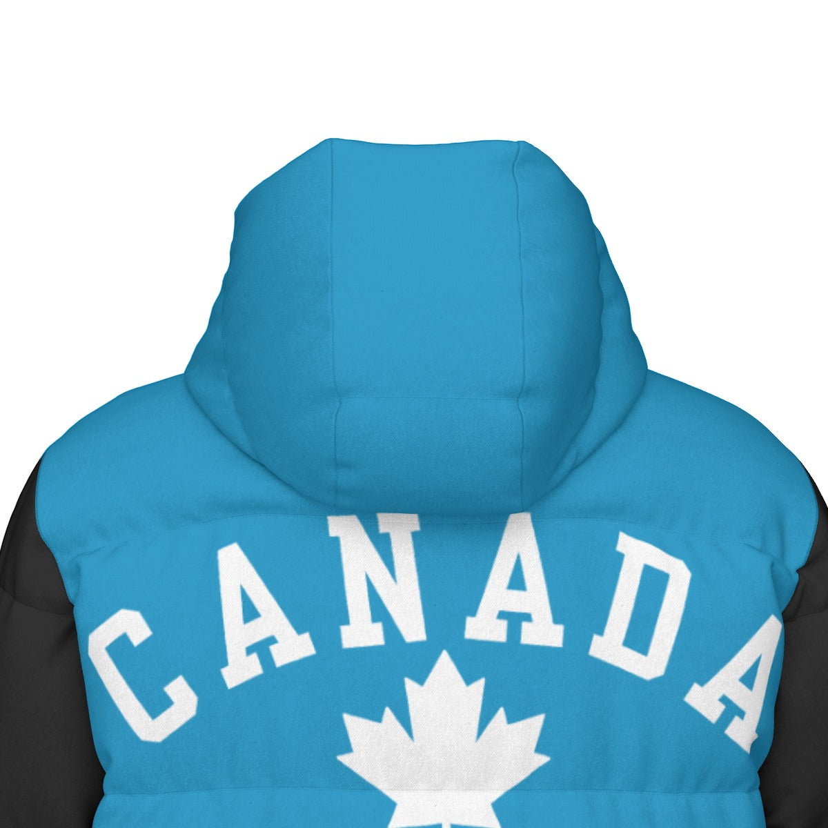 A close-up back view of a hooded puffer jacket with a bright blue body, black sleeves, and a large white 'CANADA' text and maple leaf graphic on the back.
