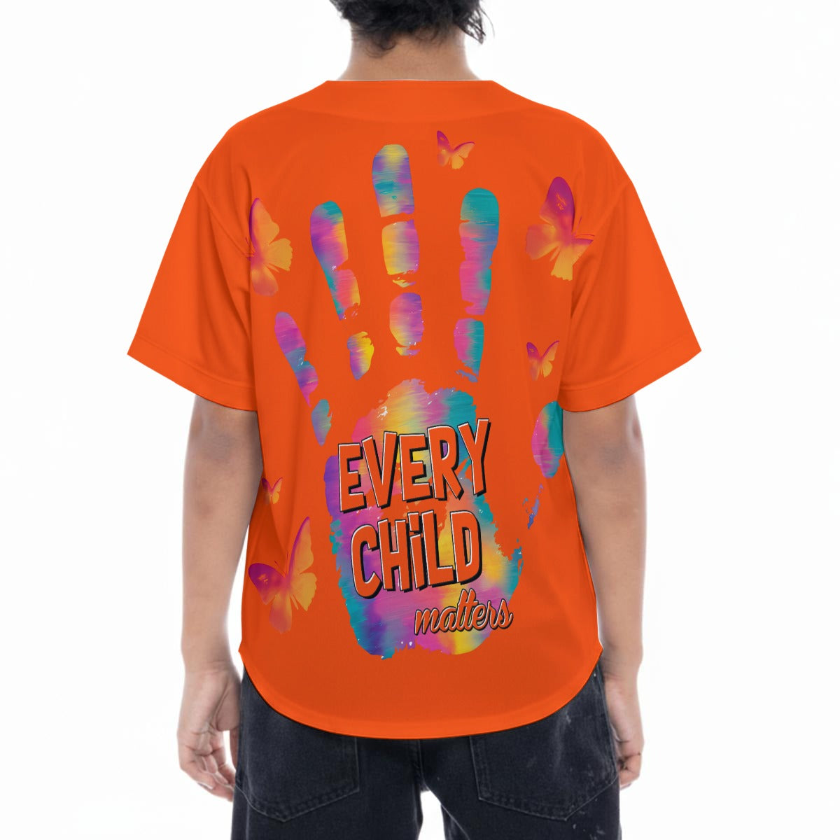 Orange t-shirt with colorful handprints and 'EVERY CHILD matters' text on a white background