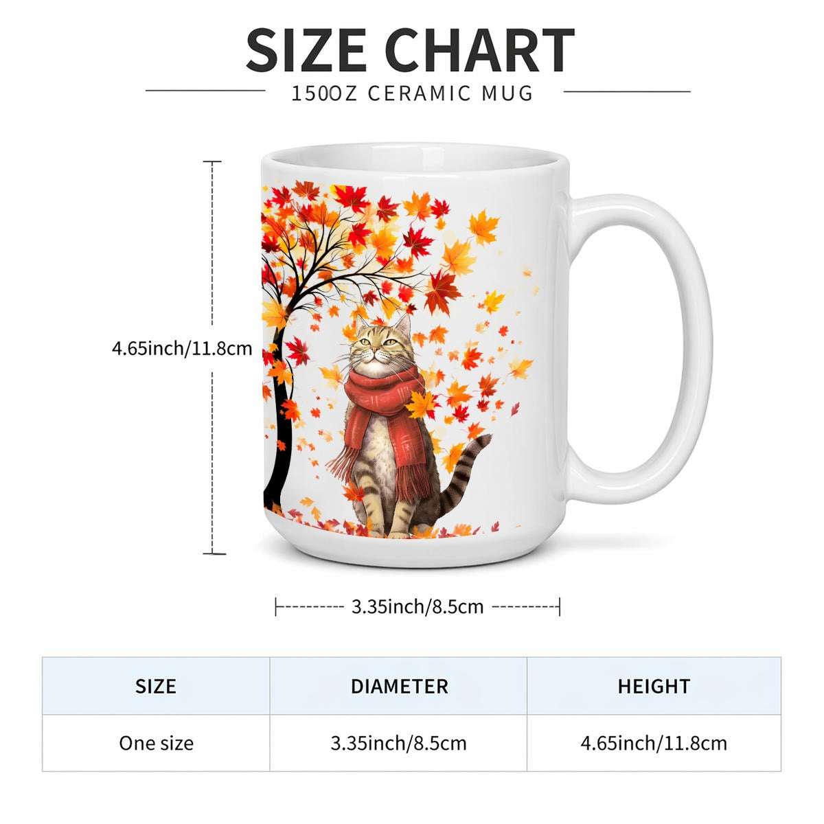 Size chart graphic for a 1500Z ceramic mug showing a white mug with a printed autumn tree and cat illustration, with dimensions labeled 4.65 inch height and 3.
