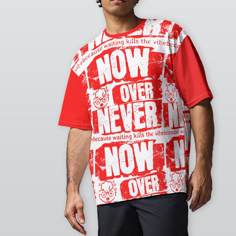 Person wearing a red and white graphic t-shirt with text on a plain background